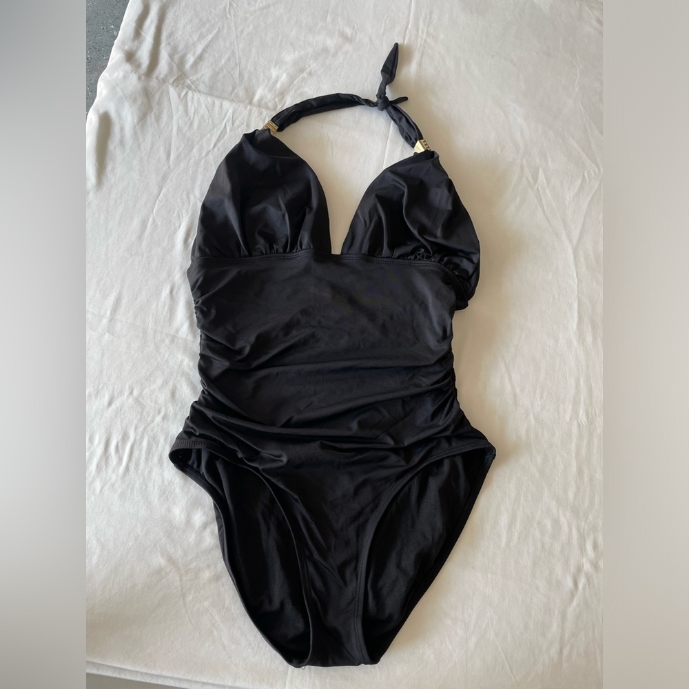 Used-Black bathing suit with scrunchy sides, gold charms on neck straps